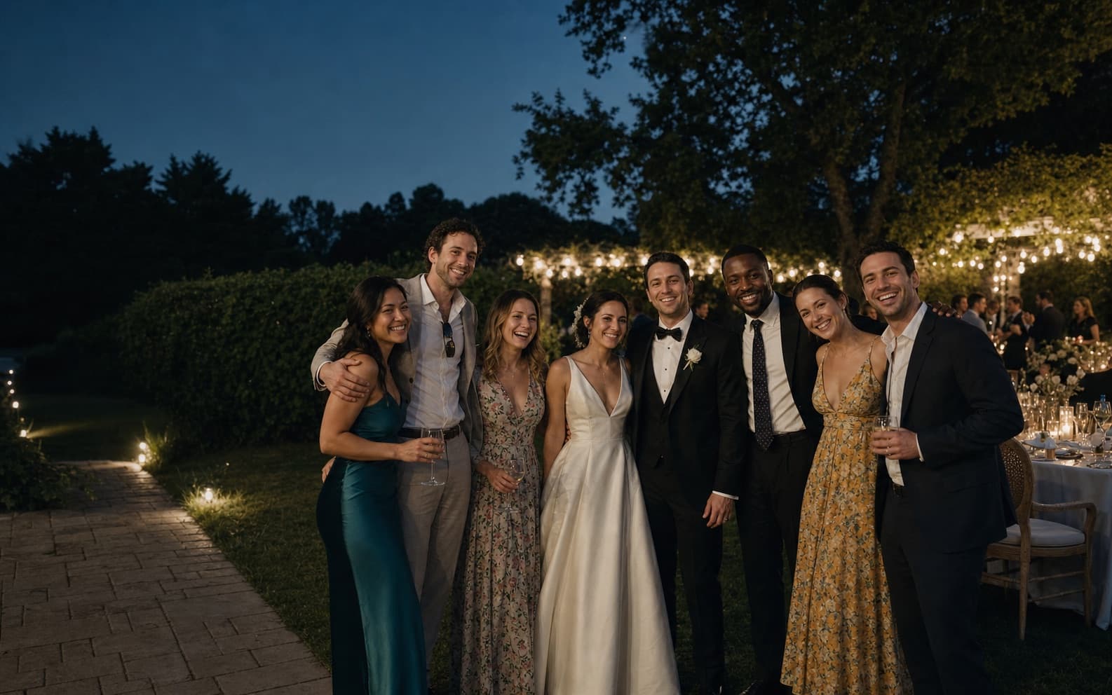Friends gathering for a photo at an outdoor wedding reception